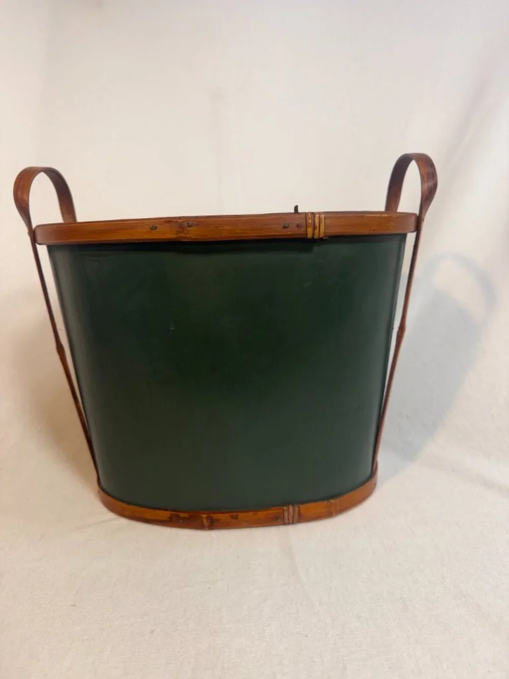 Primitive Bentwood Magazine Basket Rattan Handle Green Accent Early Country Tote